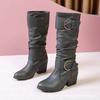 Women's High Boots Buckle Strap Knight Heels Riding Women Bottes Femme Size 43 Mid-calf Winter Rome Square Pu Leather K9