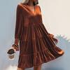 Spring Fall Women Dress Golden Velvet V Neck Pleated Patchwork Long Sleeves A-line Solid Color Knee Length Dating Shopping Midi Dress