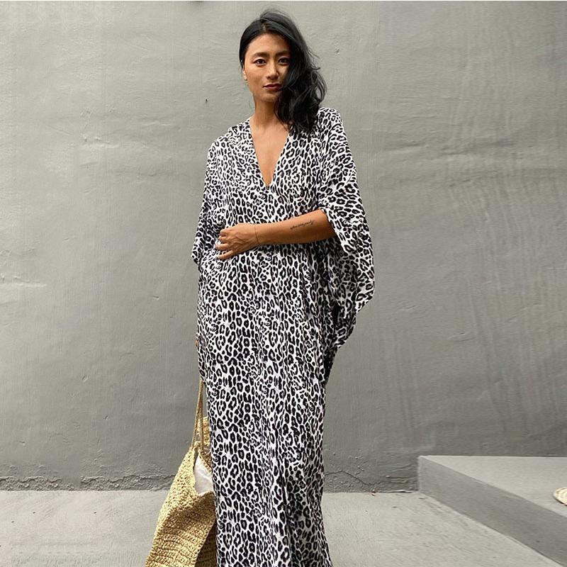Women's Plus Size Dress Printed Leopard Dot Beach Cover Up Loose Long Dress Swimsuit Cover Up EMA