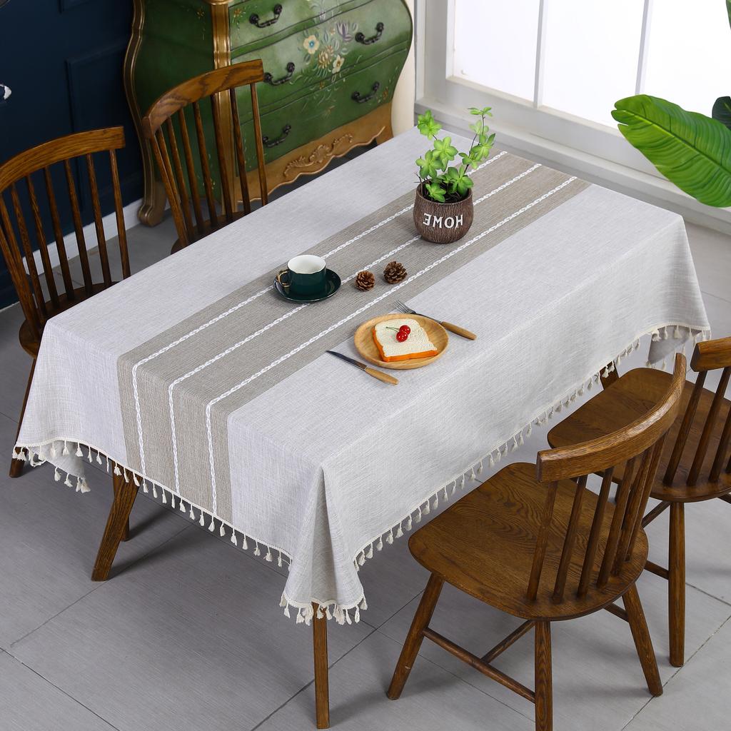 Ins Style Cotton Linen Tablecloth Embroidery Tassel Table Cloth Plaid Stitching High-Grade Coffee Table Cloth Non-Slip Tablecloth