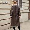 ziai 2024 Winter Faux Leather Jacket Women Long Warm Plush Fur Collar Padded Coat Fashion Pocket Cotton Female PU Parkas K18
