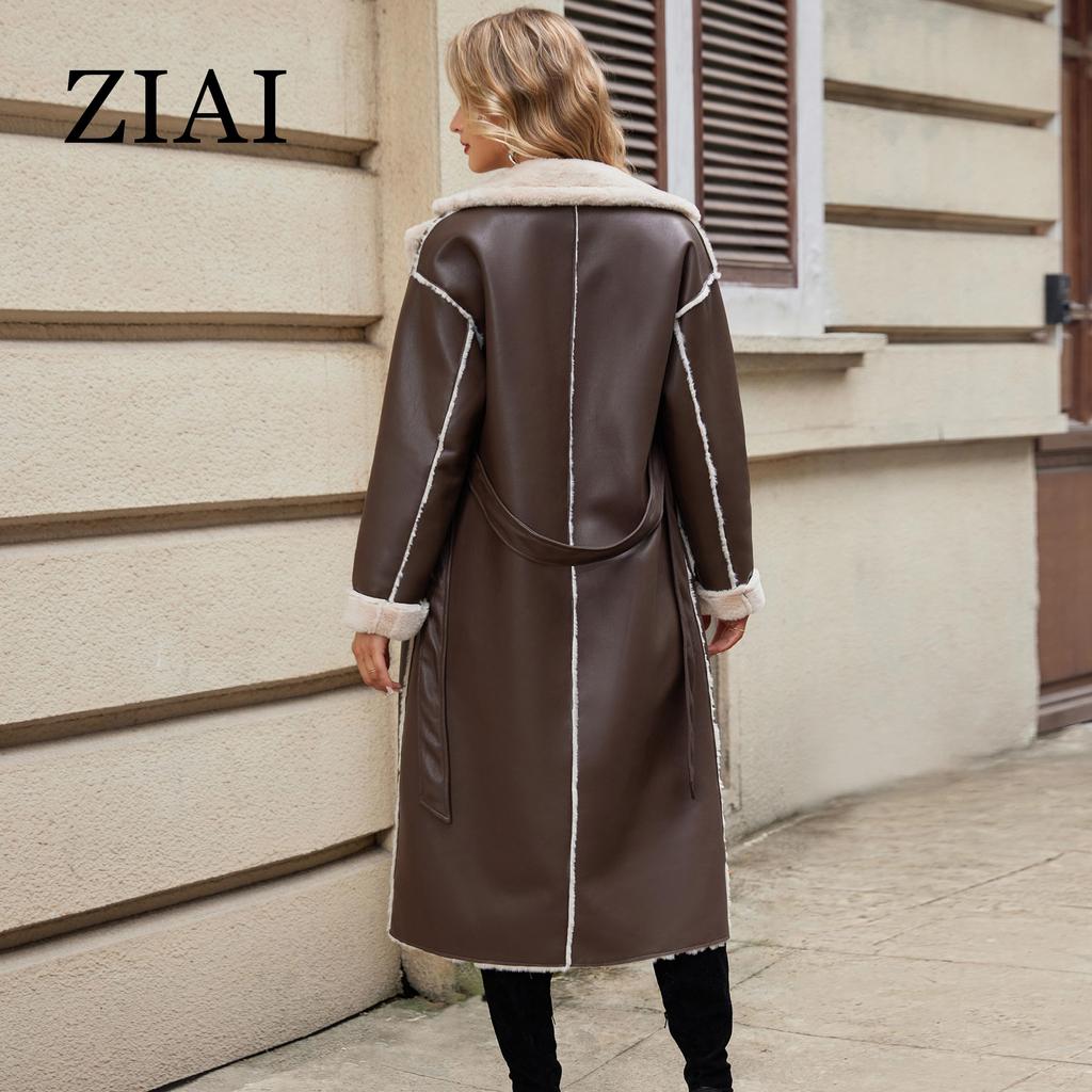 ziai 2024 Winter Faux Leather Jacket Women Long Warm Plush Fur Collar Padded Coat Fashion Pocket Cotton Female PU Parkas K18