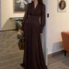 Women's new French high-end retro style brown V-neck long-sleeved waist wide pendulum temperament dress
