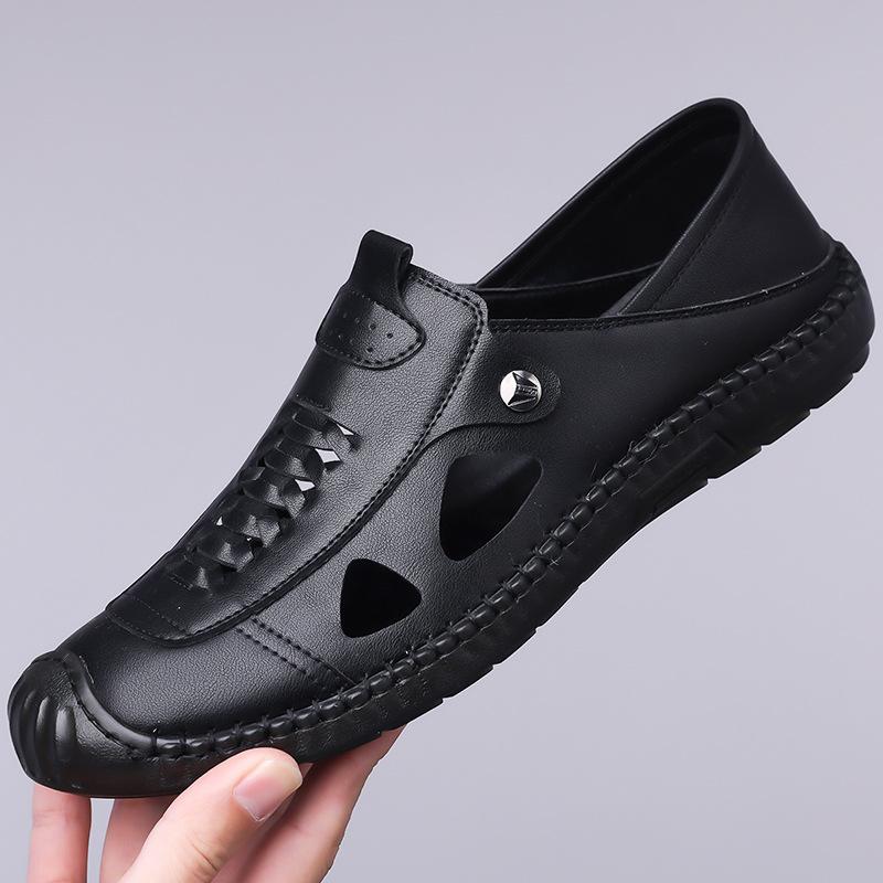 Мужские сандалии ручной работы из кожи, модные уличные повседневные сандалии, новые дышащие с перфорацией, мужские сандалии, нескользящие, плоские, пляжные сандалии