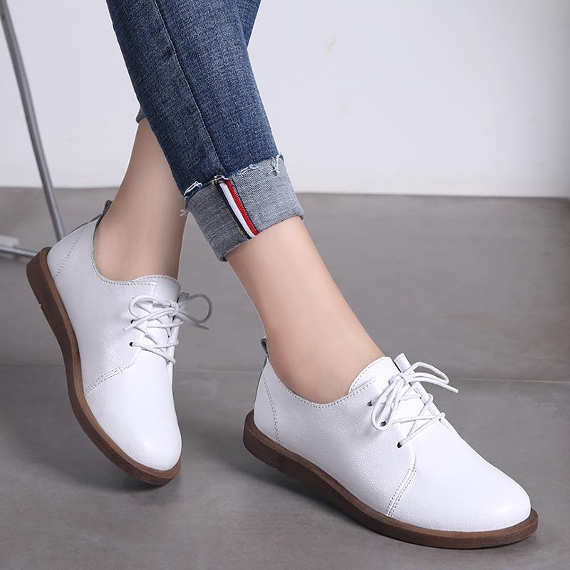 2024 Women's Spring/Autumn Shoes For Women Genuine Leather Casual Round Toe Flats Female Lace Up Solid Oxford Shoes Donna