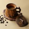 Vintage Handmade Ceramic Coffee Cup and Saucer Set with Lid – Rustic Tree Stump Mug for Pour Over and Latte Art