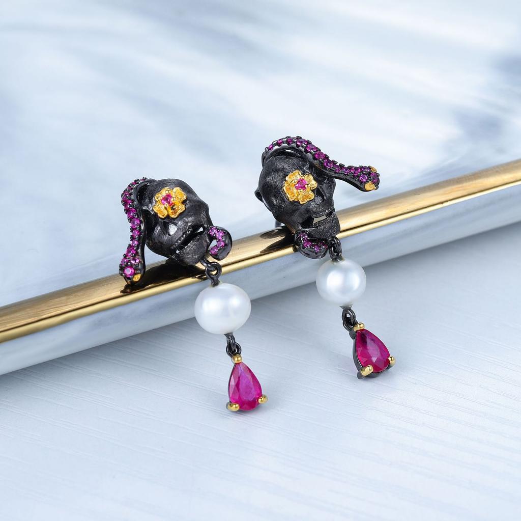Freshwater Pearl Ruby Earrings Trendy Niche Earrings 925 Silver Dark Style Skull Earrings New Style for Women