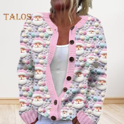 Женский кардиган с 3D рождественским принтом, однобортный свитер с круглым вырезом и длинными рукавами для школы и поездок на работу
