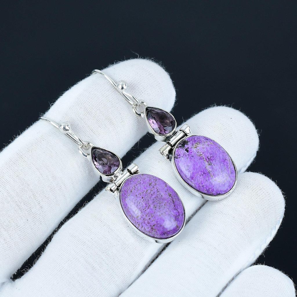 Natural Purpurite Earrings, 925 Sterling Silver Earrings, Party Wear Jewelry, Amethyst Dangle Drop Earrings For Thanksgiving Gifts For Mom