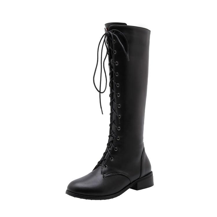 Autumn and Winter European and American Knight Boots New Single Boots High Women's Boots Low Heel Soft Skin Lace-up Medium Boots Thick Heel Women's