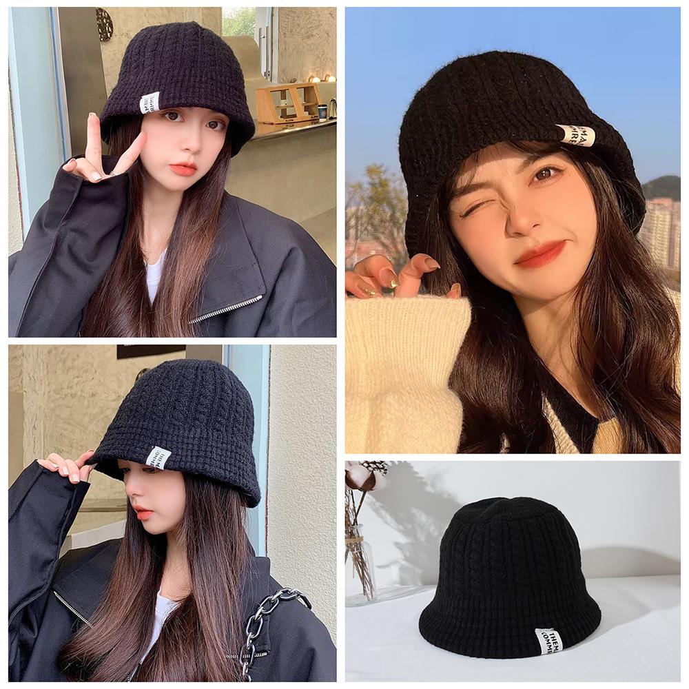 Ladies Cable Knit Bucket Hat, Sweet Versatile Knit Basin Hat, Winter Ear Protection Warm Hat, Fashion Label Decor Fisherman Cap
