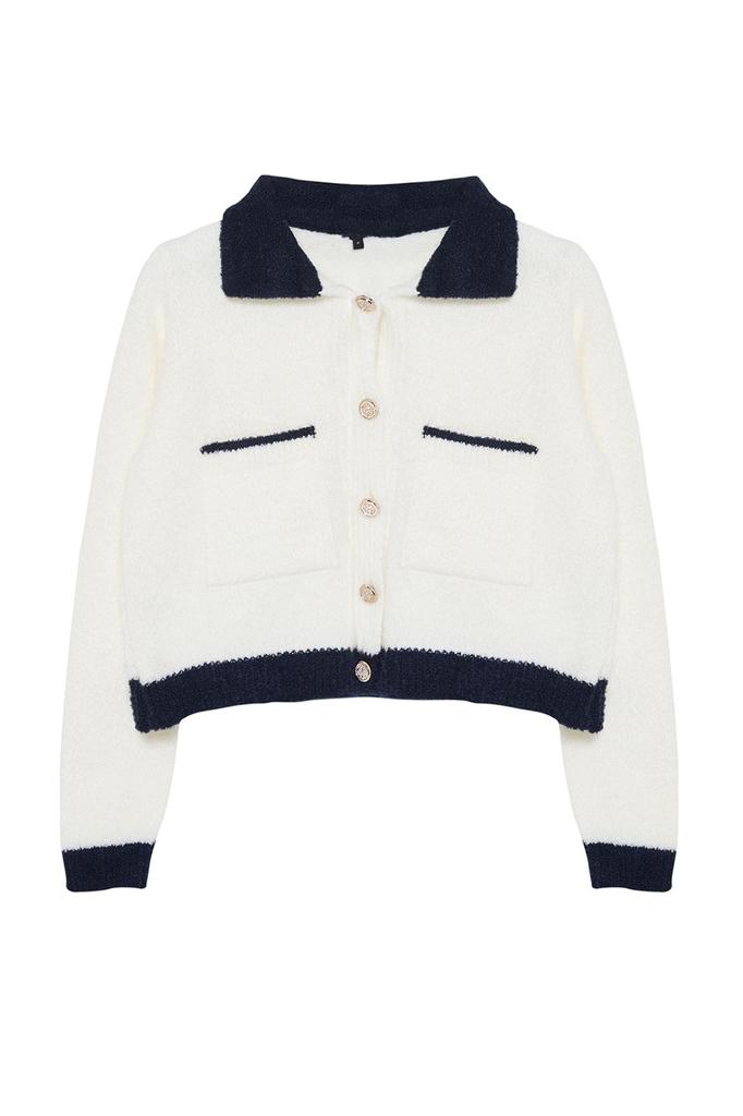 Women's Fashionable Stylish Cardigan Pink Boucle Polo Collar Coat Look Knitwear Cardigan