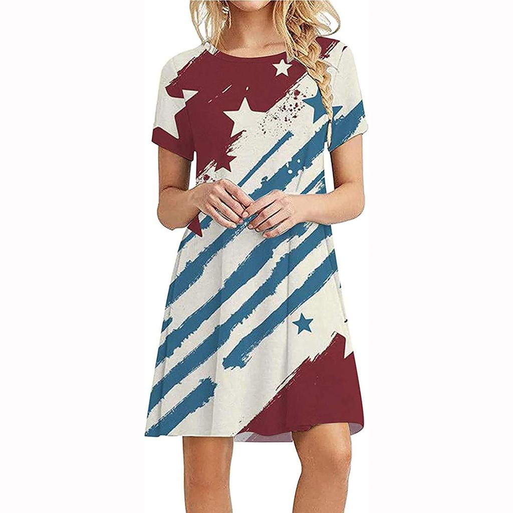 American Independence Day Flag 3D Digital Printing Dress Round Neck Short Sleeve A-Shaped Dress New Dress