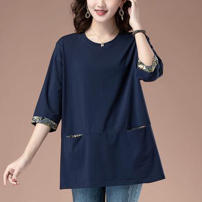 Футболка среднего возраста с рукавами семь четвертей, свободная женская одежда, летняя, средней и длинной длины, свободная, больших размеров, тренд