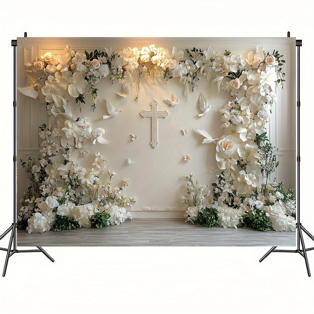 A floral cross and white floral background cloth, no electricity required, suitable for weddings