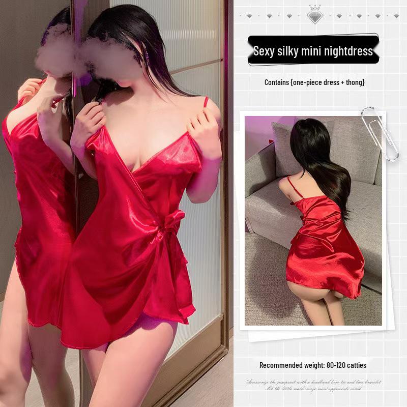 Атласное ночное платье на шнуровке с V-образным вырезом из летнего ледяного шелка - Соблазнительно горячая и чисто желанная одежда для сна