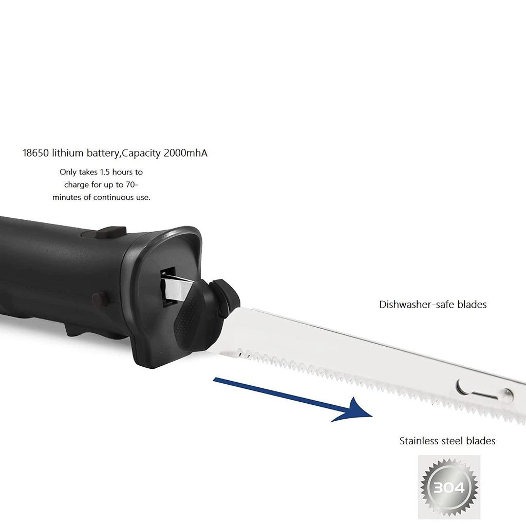 Professional Cordless Rechargeable Easy-Slice Electric Knife With 2 Serrated Blades And Safety Lock Trigger Release, Stainless Steel