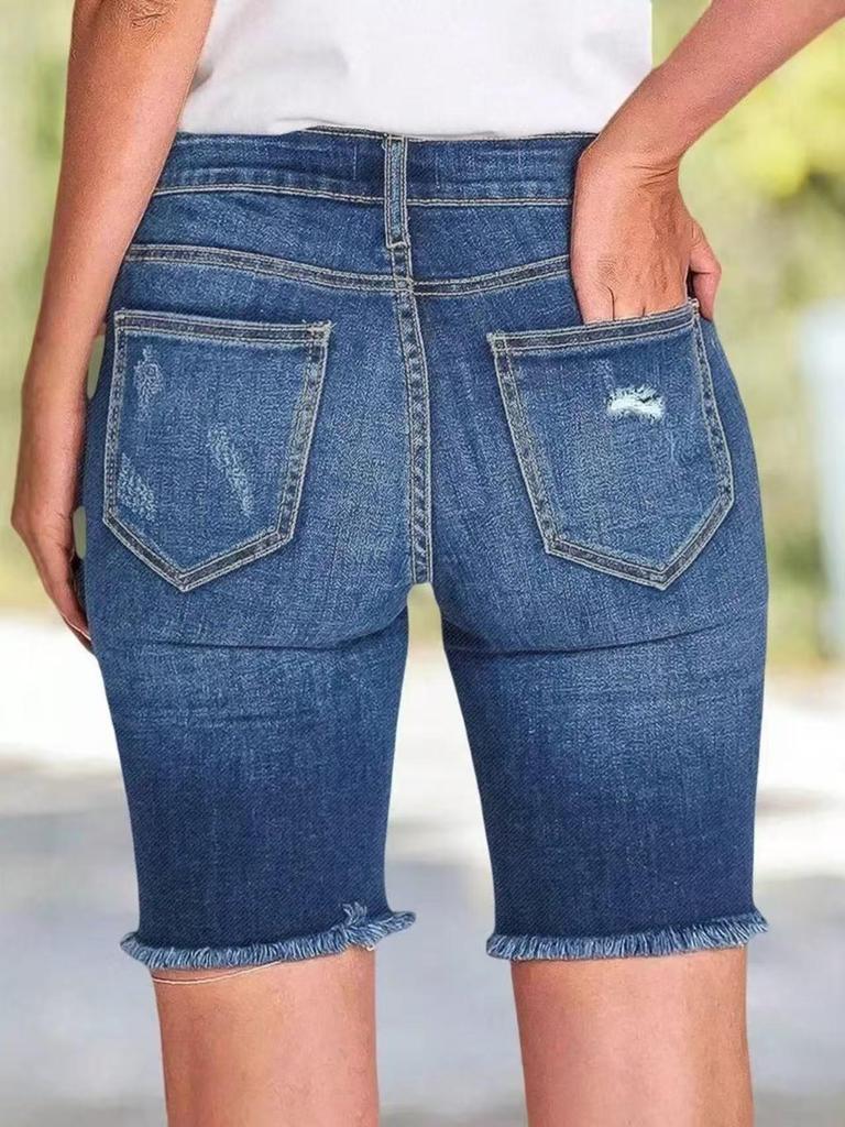 Women's Ripped Skinny Denim Shorts - Stylish Washed Denim, Perfect Fit