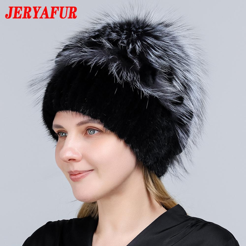 JERYAFUR Женская шапка из натурального меха норки, помпон из лисы, цветы кролика, стильная теплая модная зимняя шапка из натурального меха для девочек, вязаная