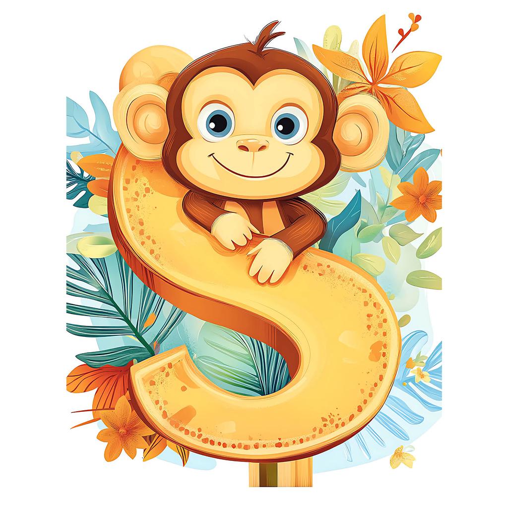 Poster Cheerful Monkey And Letter S Poster Cheerful Monkey And Letter S, 40X50 Cm, Gold Aluminum Frame, 230 Gsm Matte Paper
