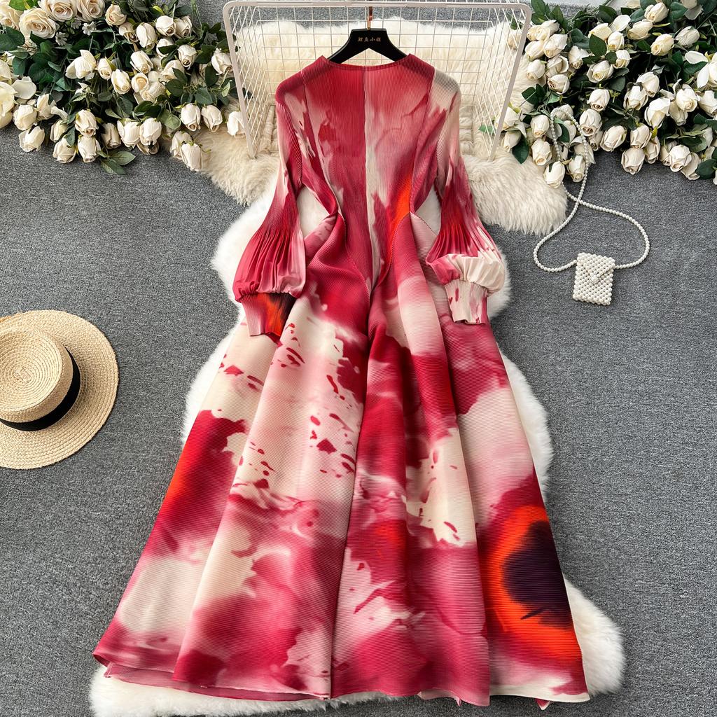 French Senior Temperament Luxury Dress Ladies 2024 Newest O-Neck Ruched Print Tie Dye Design Fashion Chic Long Dress