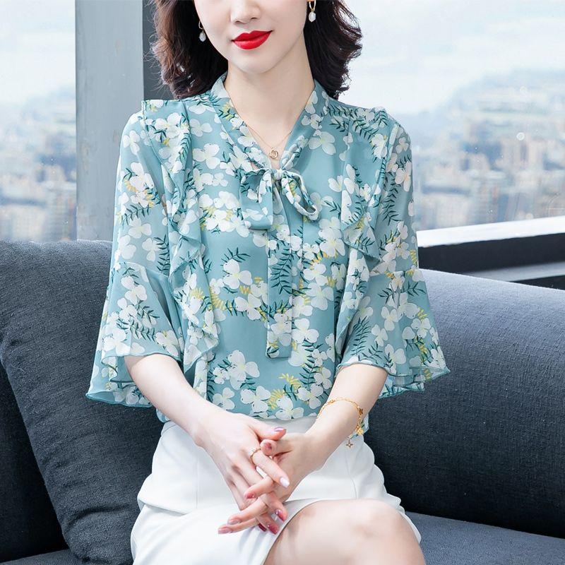 Elegant Fashion Bow Lace Chiffon Floral Blouse Woman Autumn New Office Lady Commute All-match Loose Printed Ruffles Shirts