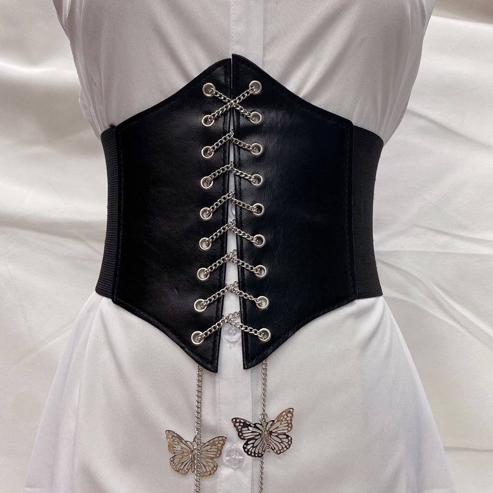 Female Korean Dress PU Leather High Waist Cummerbunds Waist Belt Female Waistband Butterfly Chain