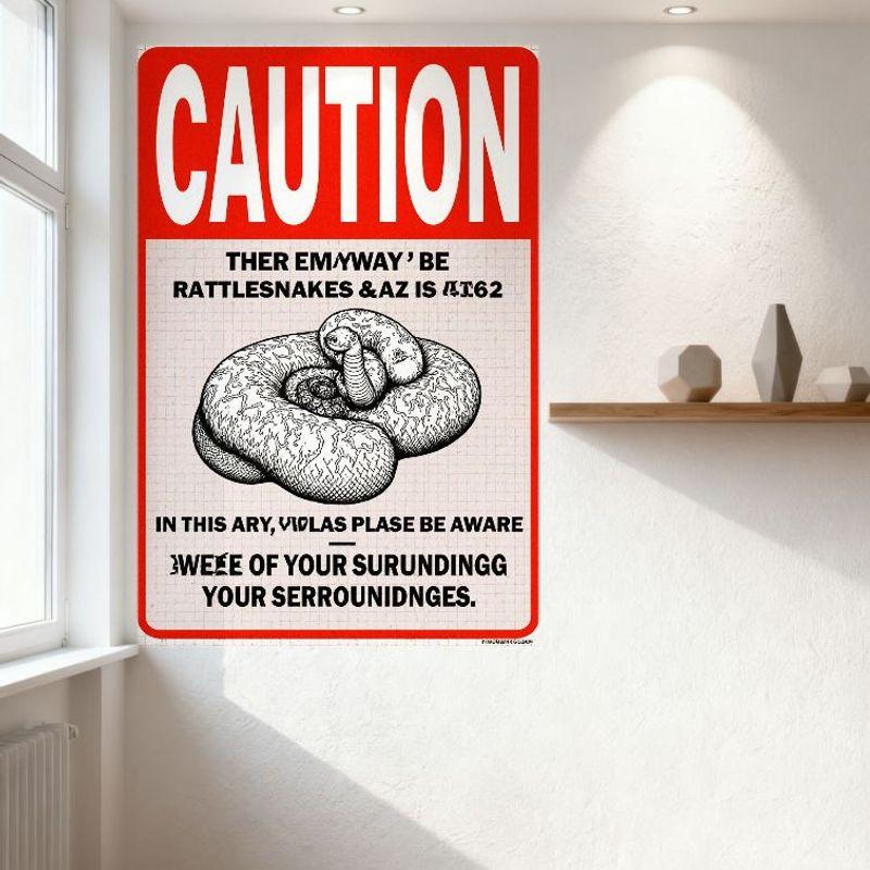 Предупреждение об опасности гремучей змеи Металлическая жестяная табличка - Художественная стилизованная типографика с иллюстрацией змеи, Винтажный предупреждающий знак Декор для дома