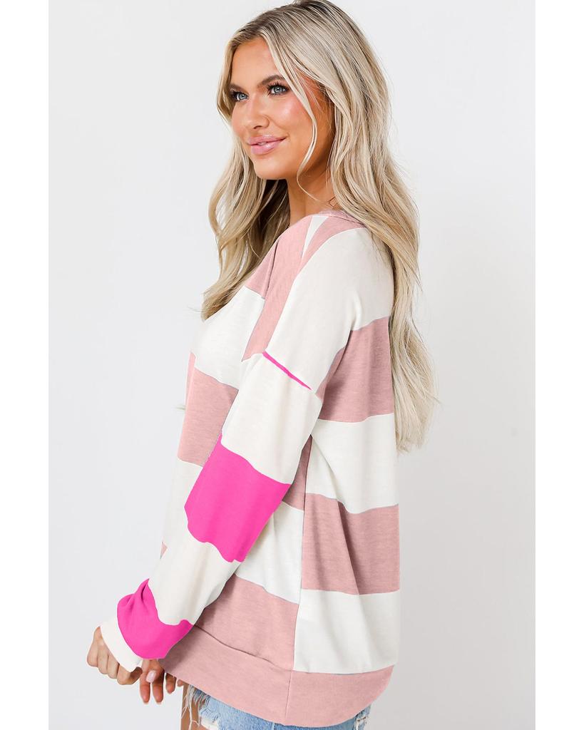 Azura Exchange Светло-розовый полосатый топ с заниженной линией плеч и длинными рукавами в цветочных блоках