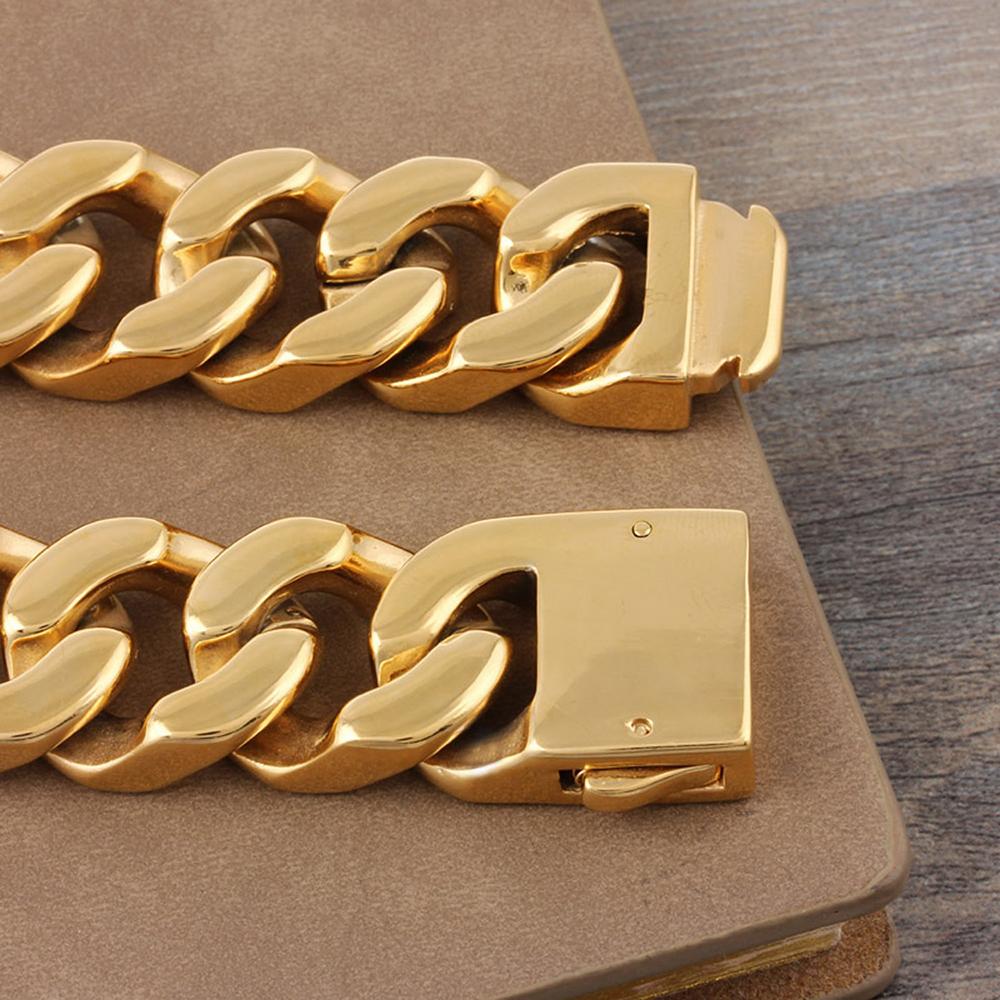 32mm Waterproof Gold Color Stainless Steel Metal on Hand Bracelets for Man Curb Cuban Link Chain Hip Hop Wristband Bangle Jewelry Men