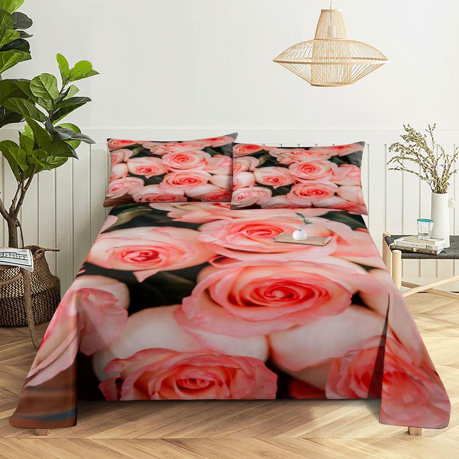 Bedsheets Set With Pillows Case Queen Size Soft Bed Sheets And Pillowcases For Single Double Beds Twin Pink Flower Thin Fabric