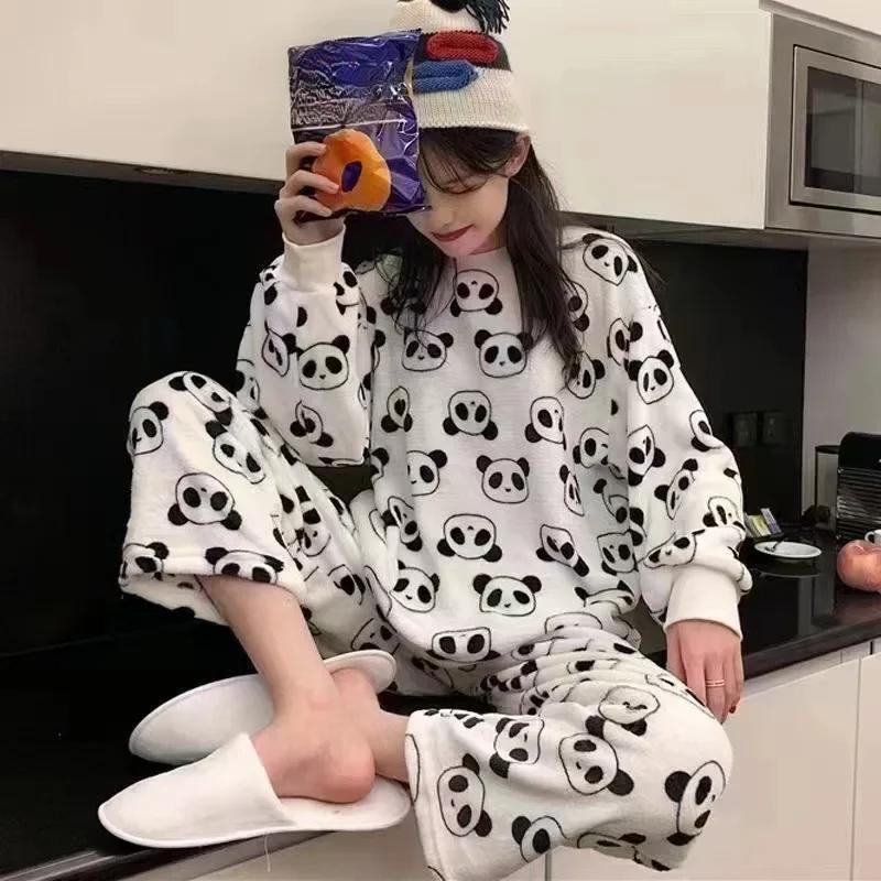 Теплая пижама для зимы, утепленная, большого размера, кораллового бархата, женская, теплые, с длинным рукавом, однотонные клетчатые брюки, домашний костюм