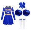 Kids Girls Cheer Leader Costume Halloween Cosplay Party Outfits Uniform Long Sleeve Dress with Pom Poms Hair Tie Socks