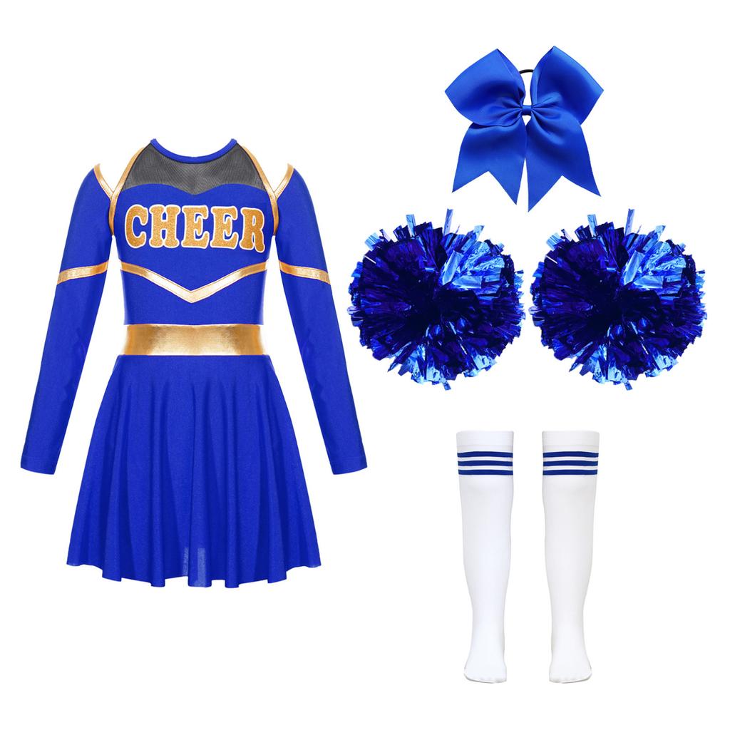 Kids Girls Cheer Leader Costume Halloween Cosplay Party Outfits Uniform Long Sleeve Dress with Pom Poms Hair Tie Socks