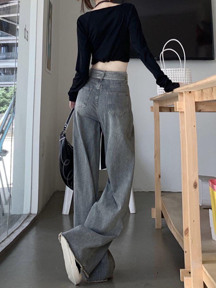 Women's High-Waist Wide-Leg Distressed Retro Jeans - Extra Long Autumn Pants