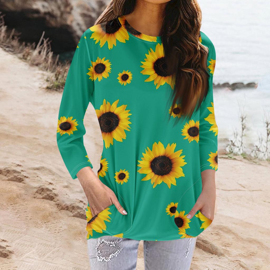 Женская модная повседневная футболка с карманом и круглым вырезом с рукавами 3/4 и топом