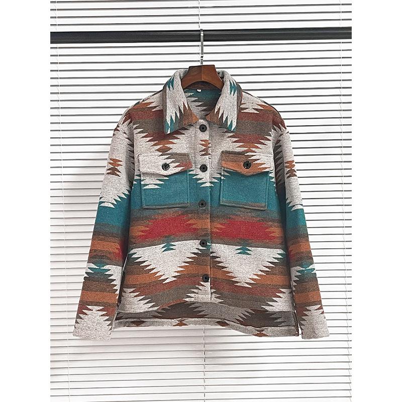 Куртка с лацканами, однобортная куртка, жаккардовое пальто с геометрическим рисунком, пальто в этническом стиле, женское шерстяное плотное пальто, осеннее и зимнее пальто