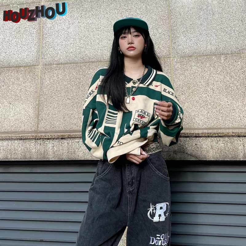 Женская винтажная свободная рубашка-поло свободного размера в стиле хип-хоп с лацканами в стиле Харадзюку для девочек