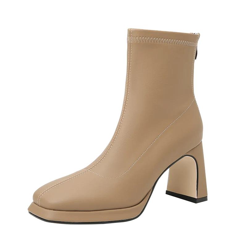 Мода осень зима женские ботильоны мода квадратный носок стрейч короткие ботильоны дамы лаконичные толстые каблуки обувь
