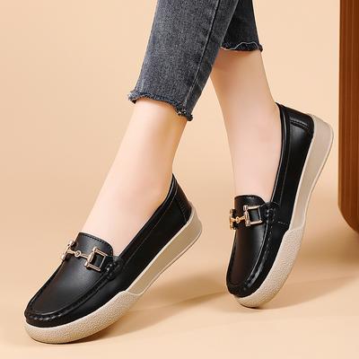 2025 осень новые универсальные туфли-дудочки на плоской подошве с неглубоким вырезом, женские, с металлической пряжкой, из мягкой кожи, ретро, женские одинарные туфли, кожаные туфли