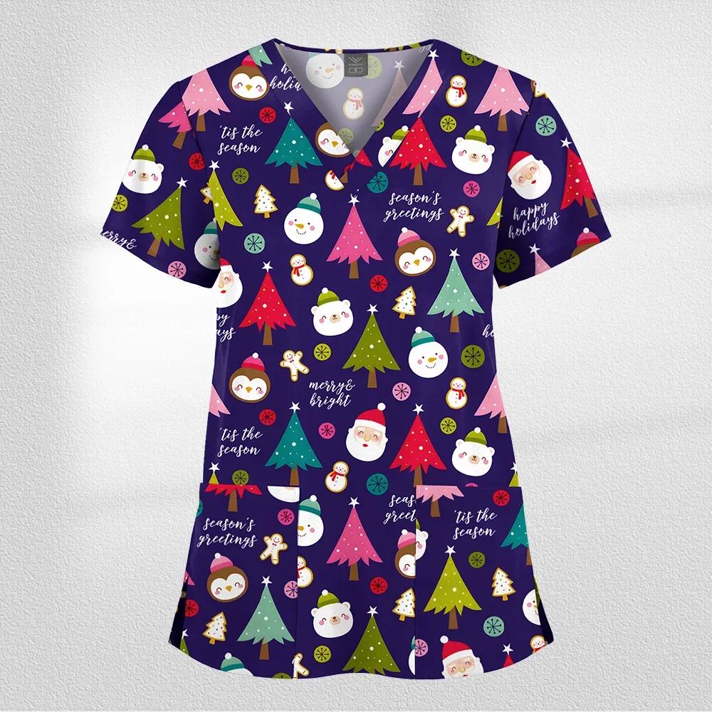 Women Working Uniform Cartoon Animal Print Short Sleeve V-neck T-shirt Tops Femme Blouse Nurse Work Wear Size XXS-6XL