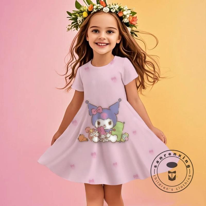 Летнее платье для девочек Sanrio с пышными короткими рукавами, принтом Kuromi Hello Kitty, платье-принцесса для детей, драпированное платье для девочек