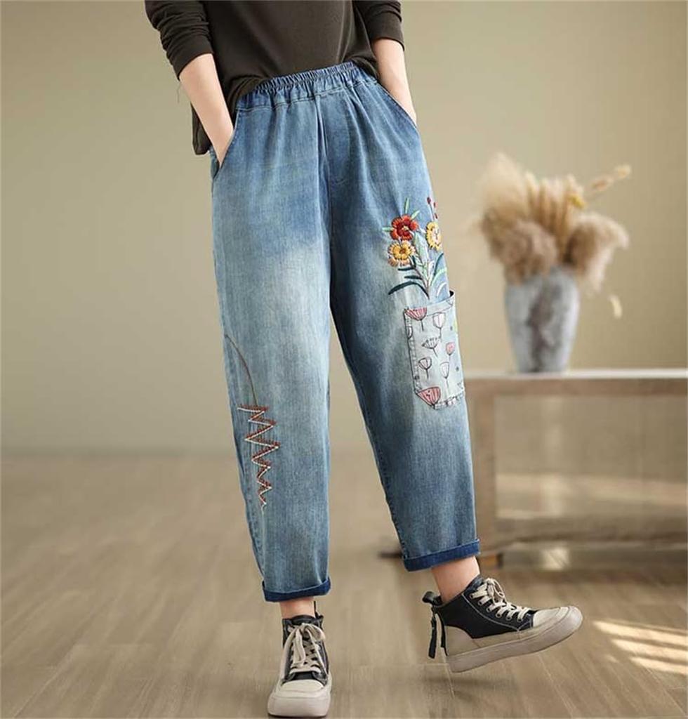 ZHENGTU Denim Gaucho Sarouel Loose Elastic Floral High Cute Women's Pants, Jeans, Fit, Waist, Embroidery, Waist, Flattering, Casual, (Blue, XL, XL)