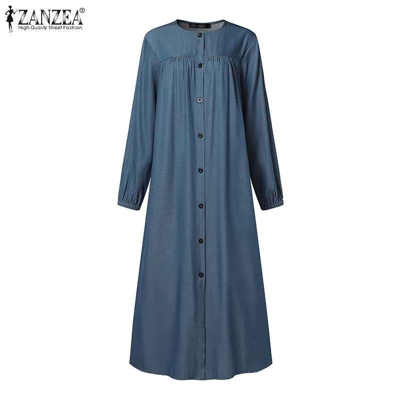 ZANZEA Женское повседневное платье с круглым вырезом и длинным рукавом из синего денима