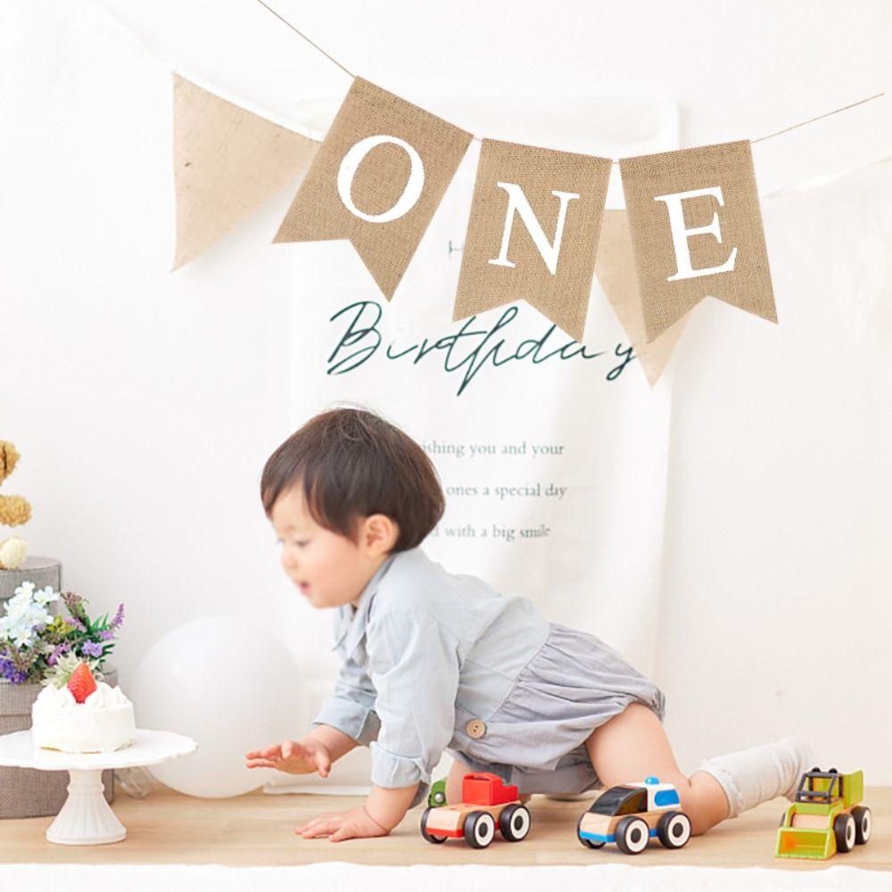 Festive Burlap ONE Garland Paper Baby First Party Decoration Chair Flag Banner Baby First Birthday