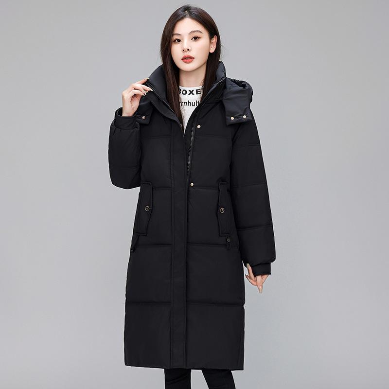 Пуховик женский средней длины зимний модный корейский стиль съемный капюшон теплая куртка на утином пуху зима