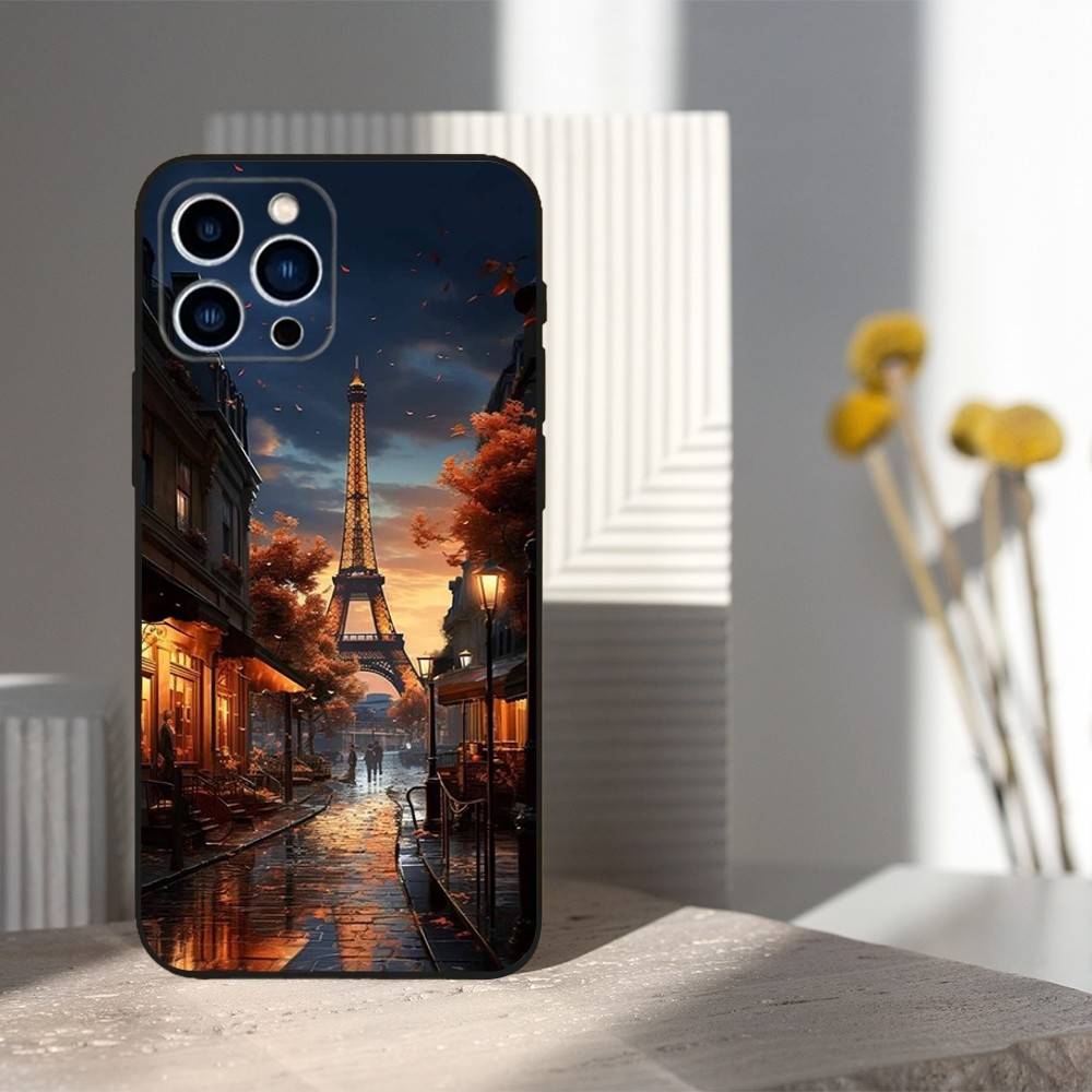 Paris landscape Eiffel Tower For iPhone 12,16,11,14,15,17,13,X,Mini,SE,XS,Plus,Pro Max,8,7,XR,Soft Silicone Black Case
