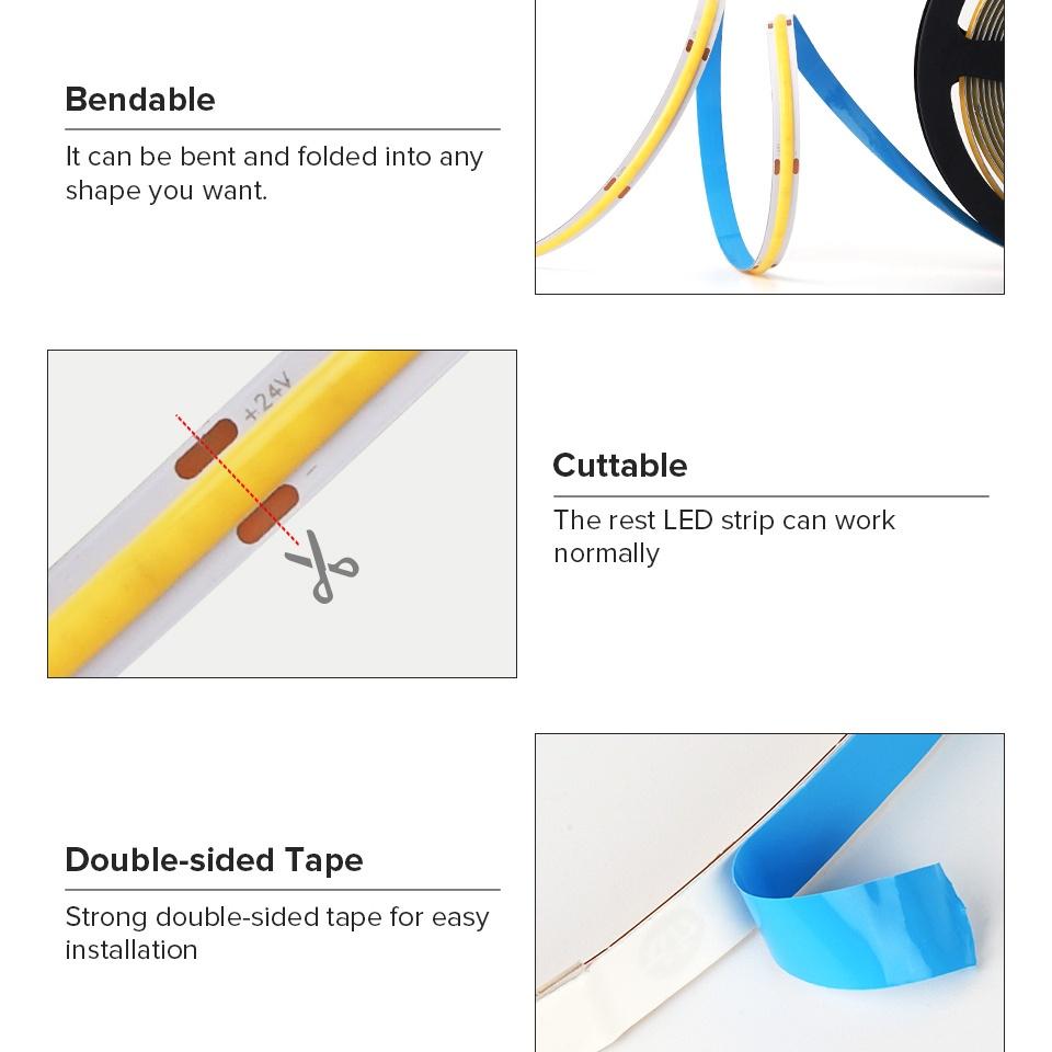 Светодиодная лента COB, внесенная в список UL, 480 светодиодов/м, 16,4 фута, гибкая лента высокой плотности, 3000-6500K, RA90, светодиодные фонари, 12 В постоянного тока, 24 В постоянного тока