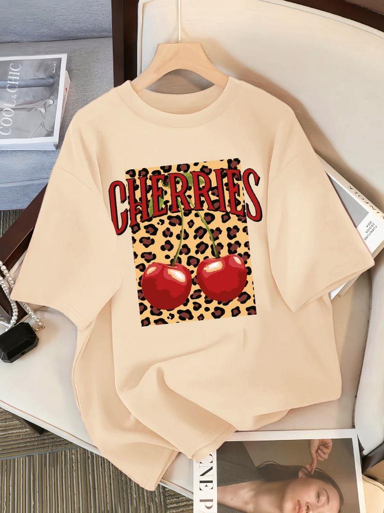 Leopard Cherry Leopard Print Creative Design Womens Tee Shirts Casual T Shirt Summer Round-Neck Streetwear Soft Short Sleeve