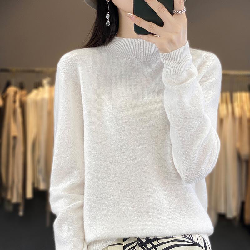 Women's Seamless Wool Sweater: Autumn/Winter Half-High Neck, Loose Fit, Knitted Base Layer